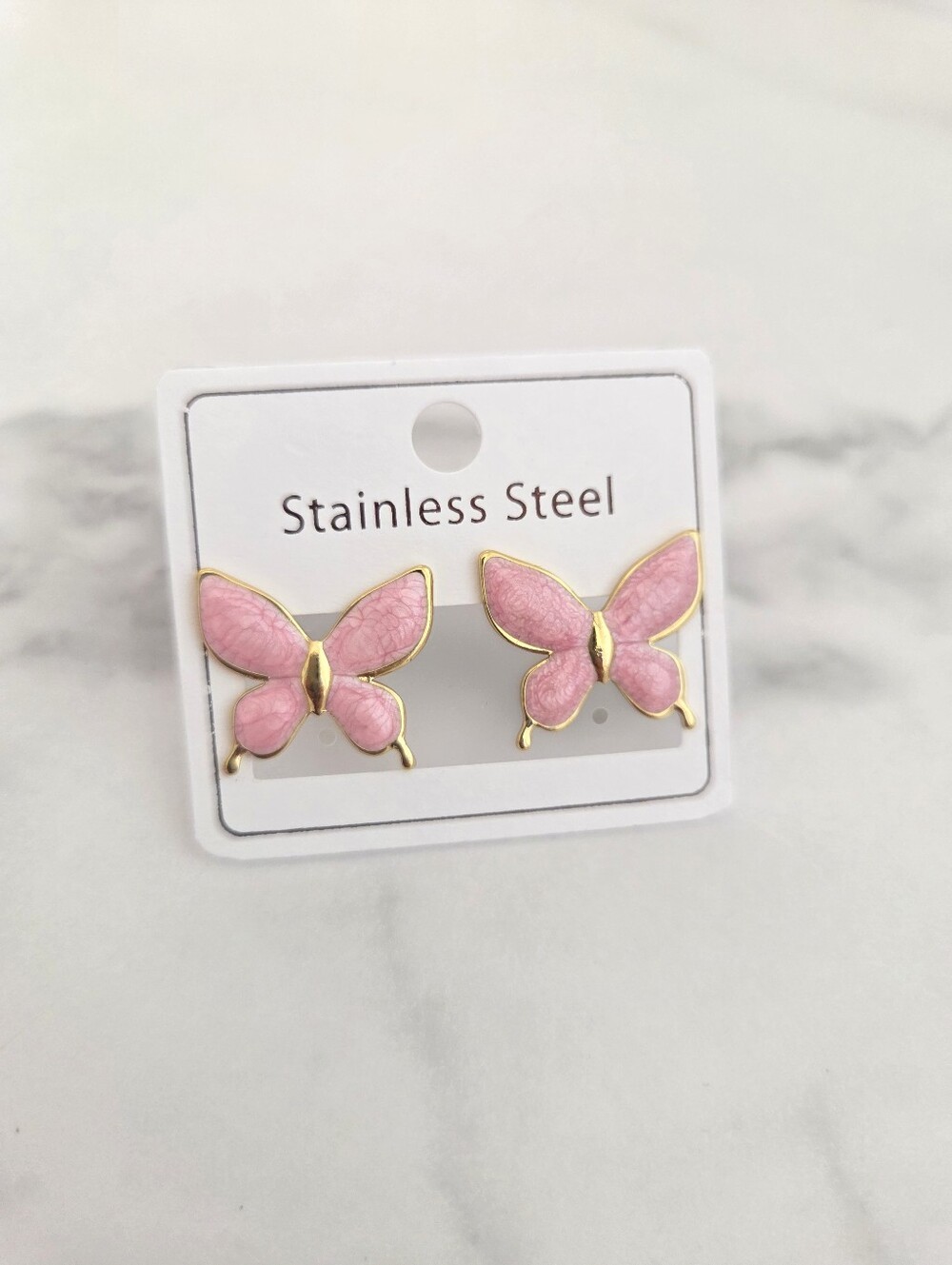 Pink Butterfly Stud Earrings Gold Plated Stainless Steel Enamel Coquette Jewelry - Picture 3 of 13